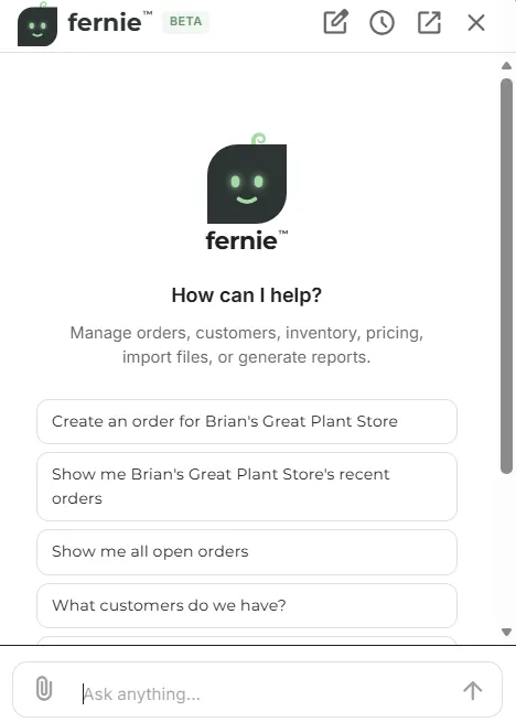 The fernie panel in Work Suite: How can I help? Manage orders, customers, inventory, pricing, import files, or generate reports, with suggested questions ready to run.