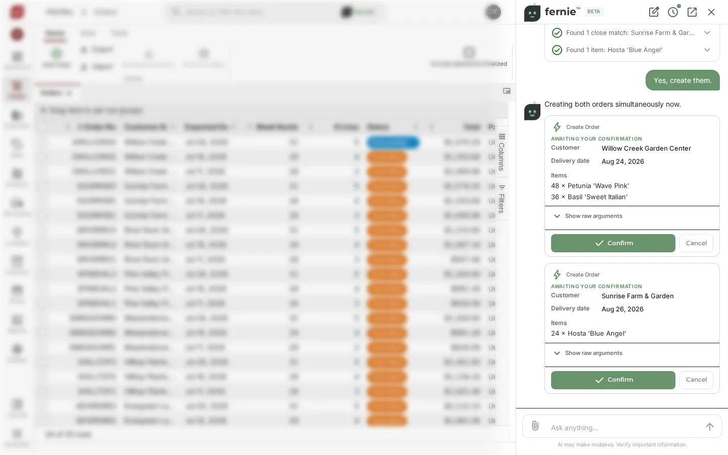 Work Suite orders screen with the fernie™ panel open: two Create Order cards marked awaiting your confirmation, each with Confirm and Cancel buttons.