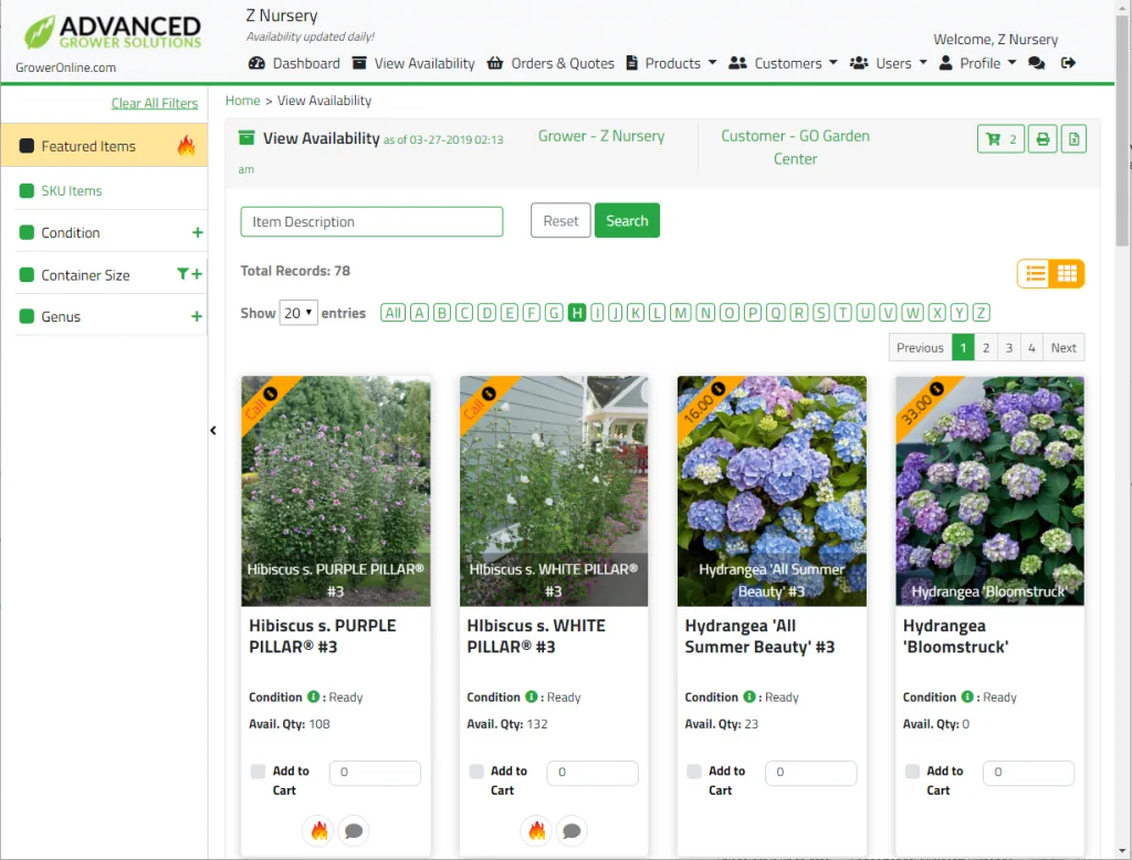 The new GrowerOnline visual availability allows the grower to showcase their plant's quality and beauty to their customers in a large beautiful grid view.
